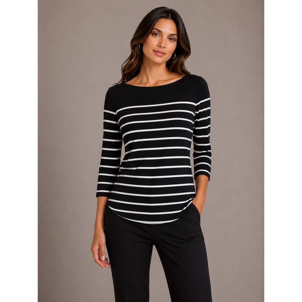 White House Black Market Black White Striped Boat Neck 3/4 Sleeve Top MP